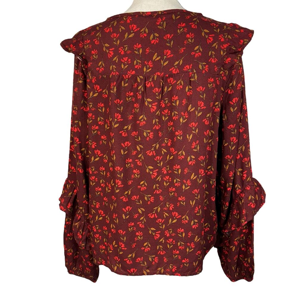 Sonoma Medium Top Floral Ruffled Long Sleeve Tie Keyhole Neck Dark Rust Multi - Picture 4 of 9